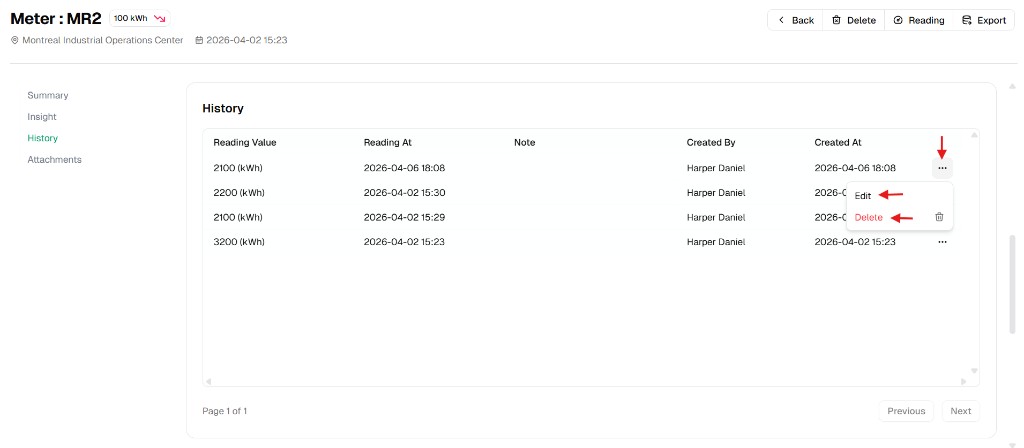 Meter History row menu with Edit and Delete options