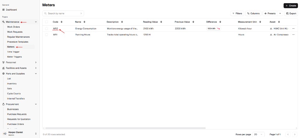 Meters list with code link highlighted to open meter detail