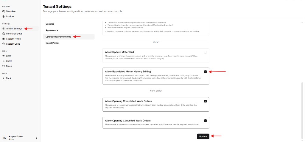 Tenant Settings Operational Permissions with Allow Backdated Meter History Editing checked and Update button