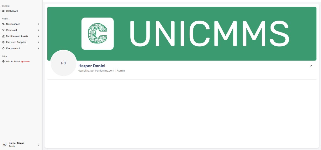 Main sidebar with Admin Portal highlighted