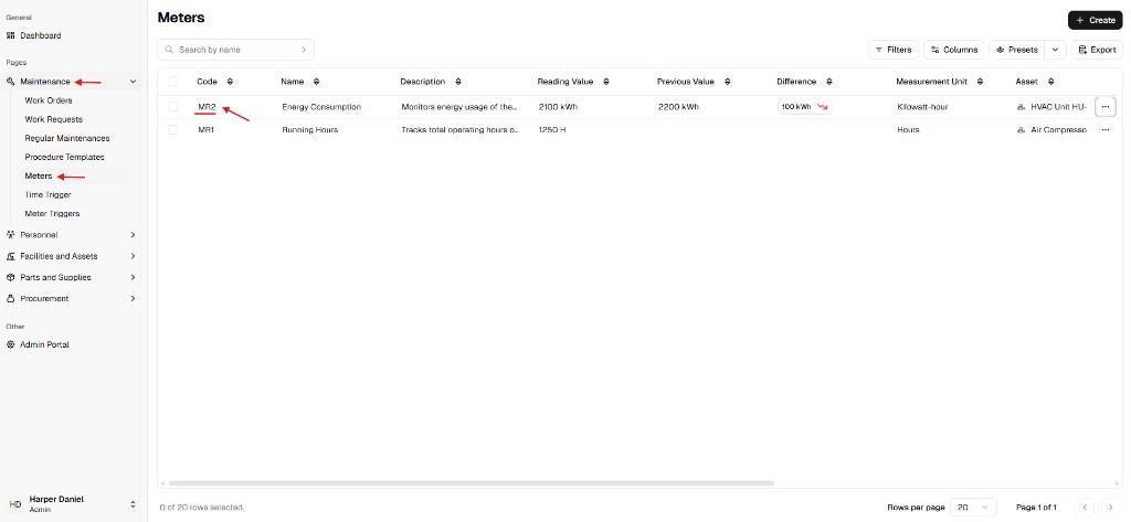 Meters list with Code highlighted to open meter detail