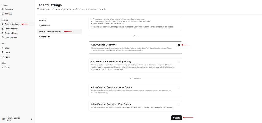 تفعيل خيار Allow Update Meter Unit وزر Update