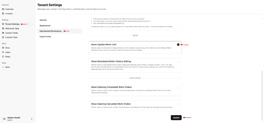 Tenant Settings Operational Permissions showing Allow Update Meter Unit