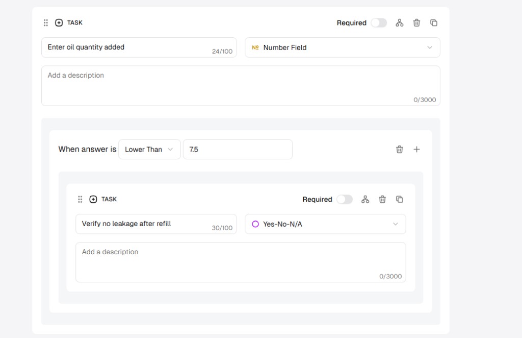 Conditional builder on a parent task set to Lower Than 7.5 with a nested sub-task