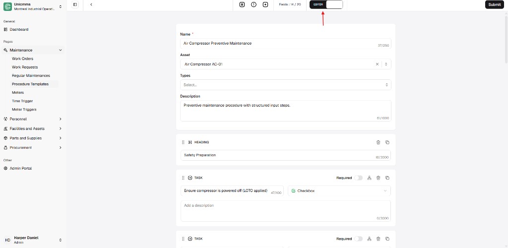 Procedure template editor mode with toolbar buttons and submit action