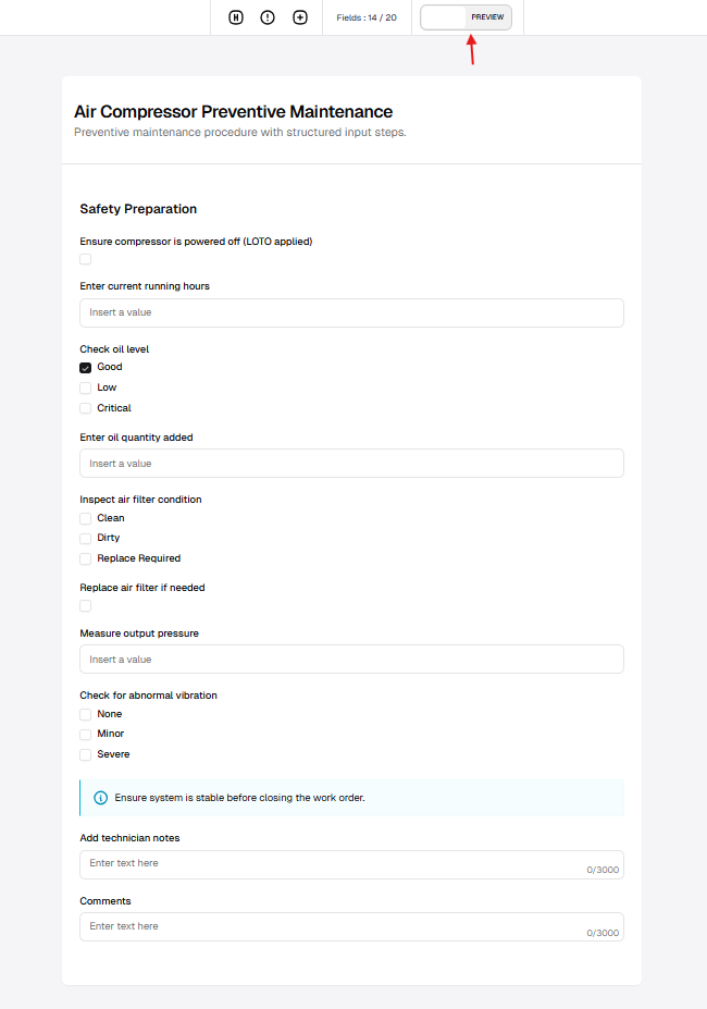 Procedure template in preview mode showing technician-facing form output
