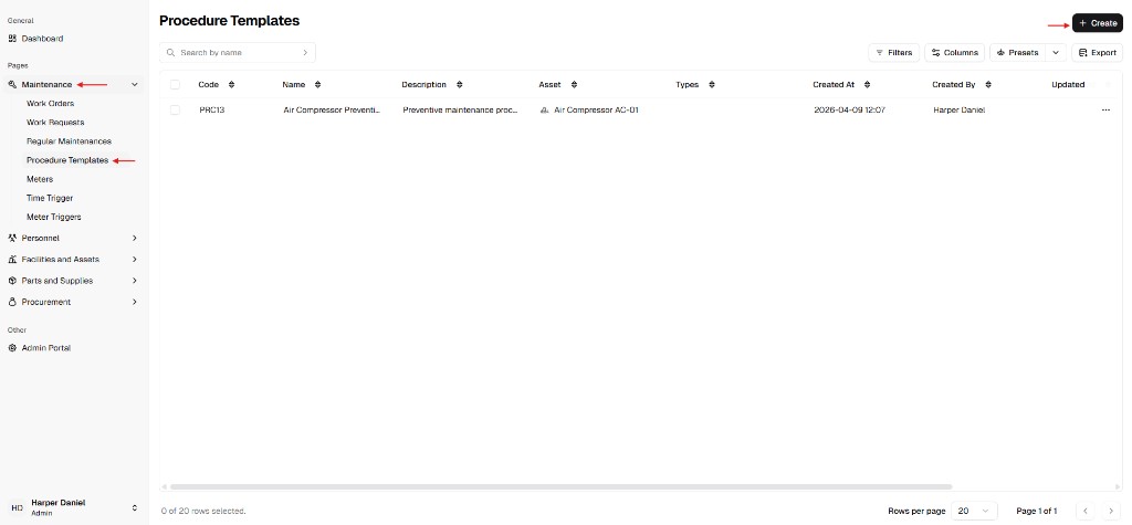 Procedure Templates list with Create button in the top-right corner
