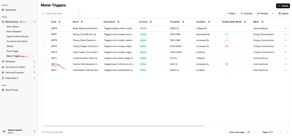 Meter Triggers list with a selected trigger record to open details