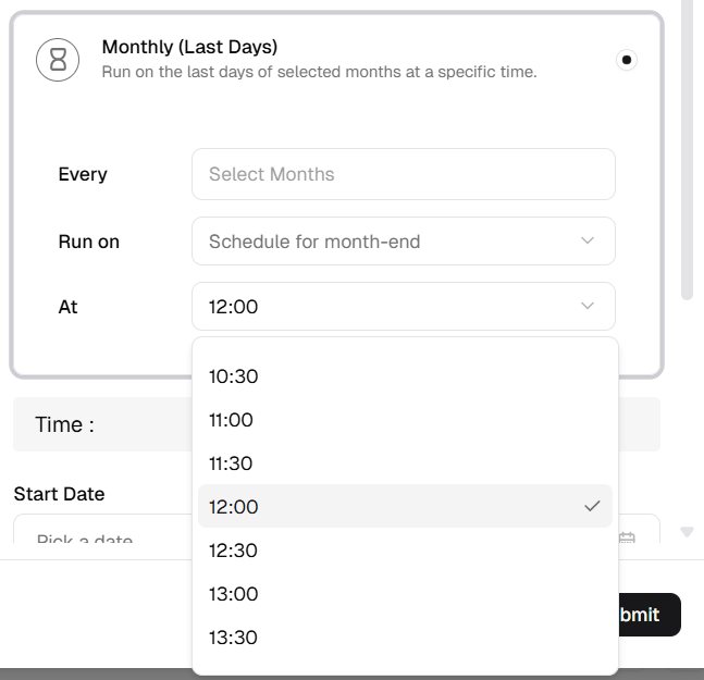 Monthly Last Days: At time dropdown with 12:00 selected
