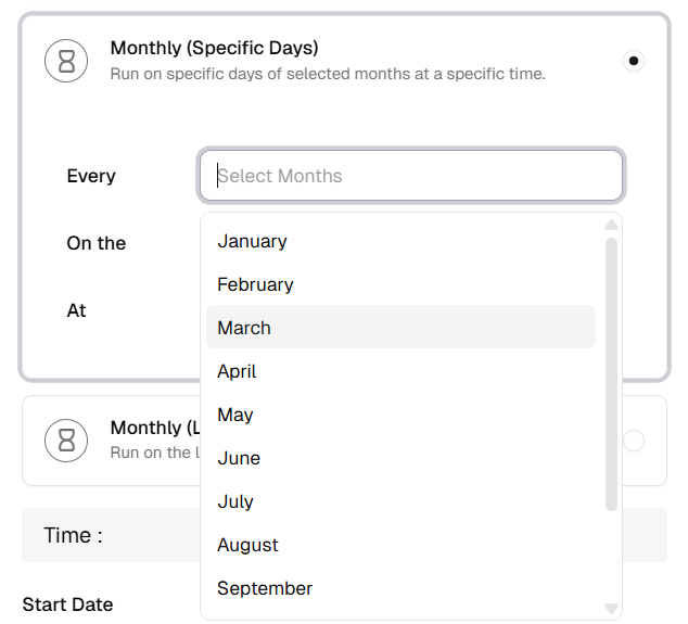 Monthly Specific Days: Every field with months dropdown open