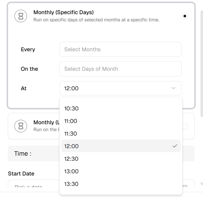 Monthly Specific Days: At time dropdown with half-hour times, 12:00 selected