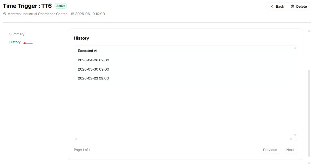 Time Trigger detail with History tab selected and Executed At list of timestamps