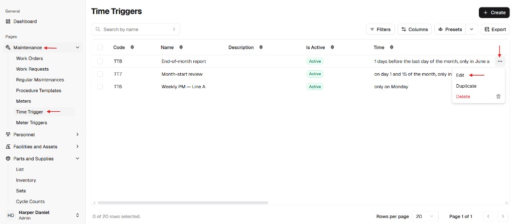 Time Triggers list with row actions menu open on Edit