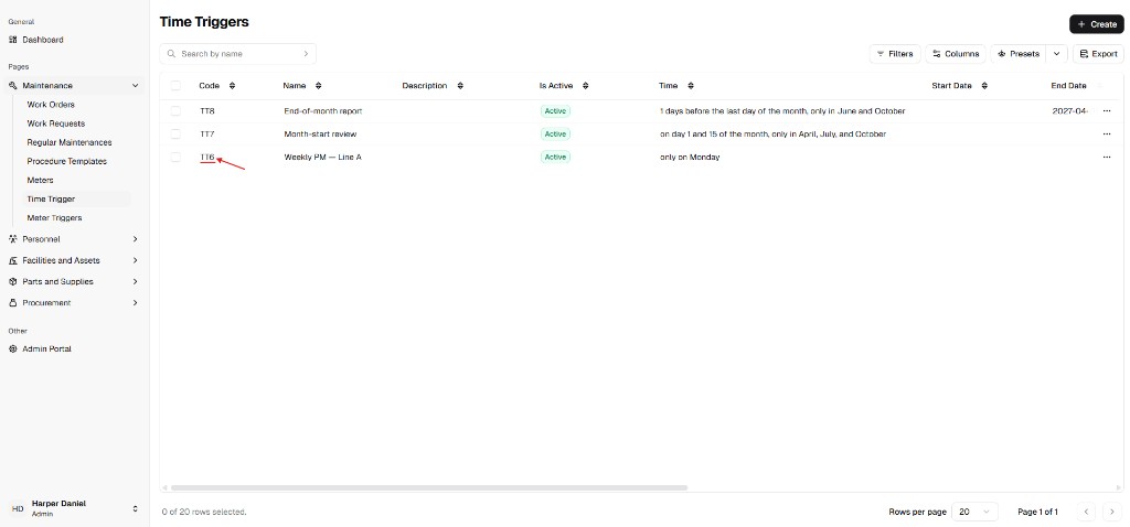 Time Triggers list with a selected trigger record to open details