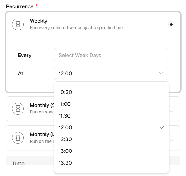 Weekly recurrence: At time dropdown open with 30-minute intervals, 12:00 selected