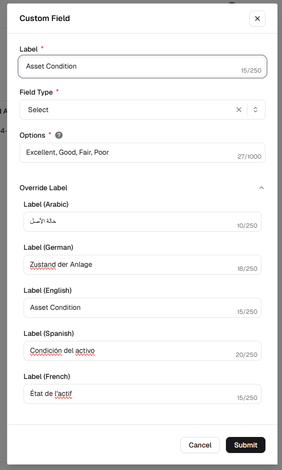 Custom Field dialog with label, field type, options, and override labels