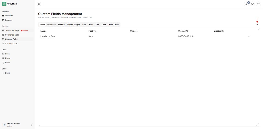 Custom Fields Management page with module tabs and create button