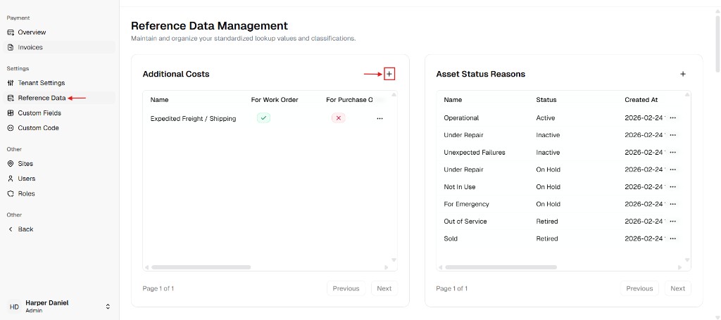 Reference Data Management page focused on Additional Costs with plus button highlighted