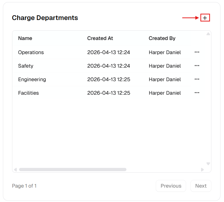 Charge Departments table with plus button highlighted