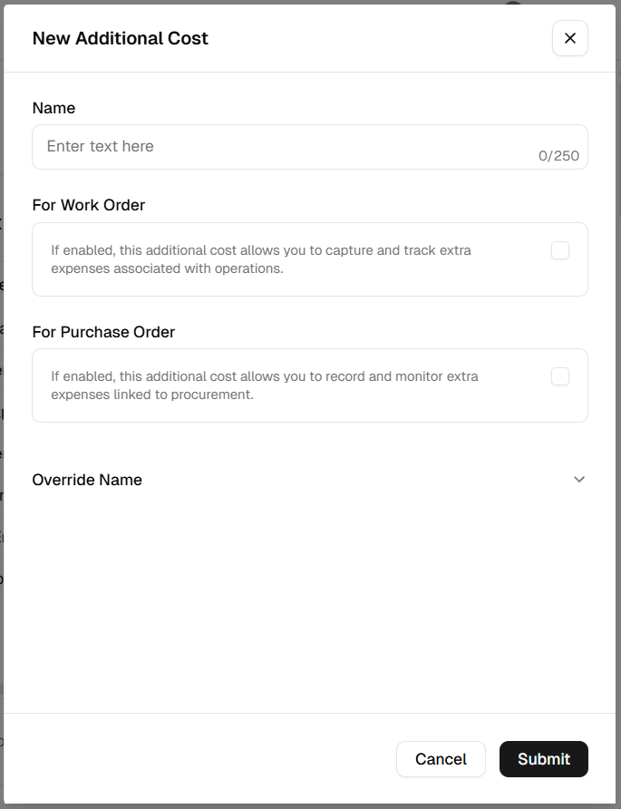 New Additional Cost dialog with Name, Work Order and Purchase Order options, and Submit button
