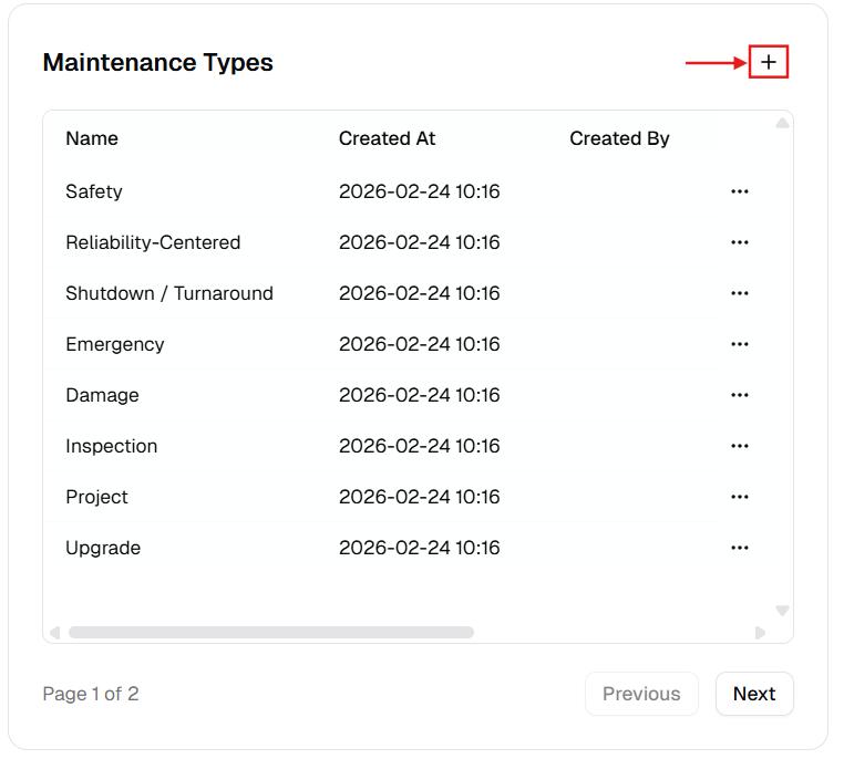 Maintenance Types table with plus button highlighted