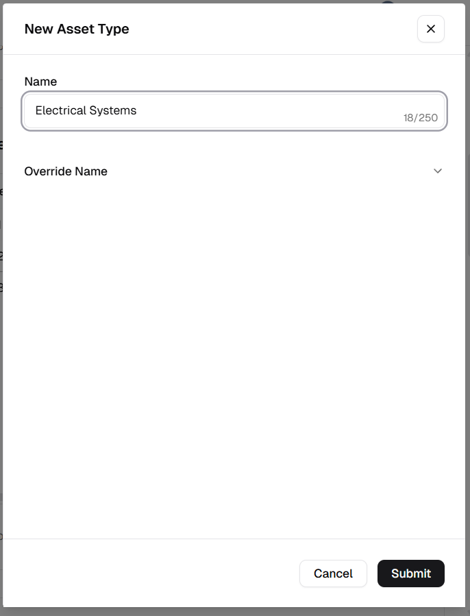 New Asset Type dialog with Name, Override Name, and Submit button