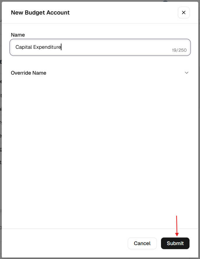 New Budget Account dialog with Name field and Submit button