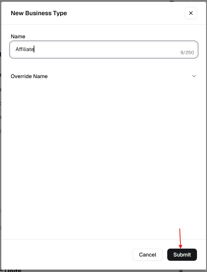 New Business Type dialog with Name field and Submit button