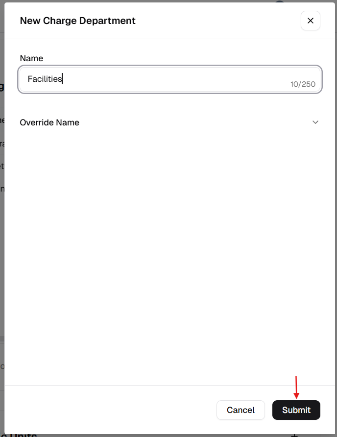 New Charge Department dialog with Name and Submit button