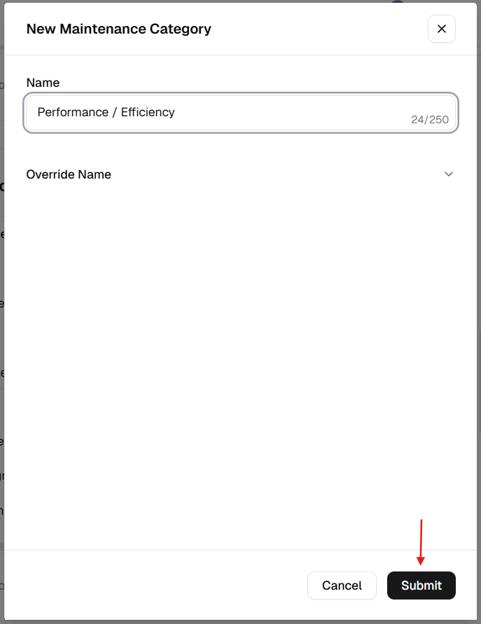 New Maintenance Category dialog with Name and Submit button