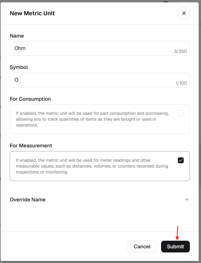 New Metric Unit dialog with Name, Symbol, usage toggles, and Submit button