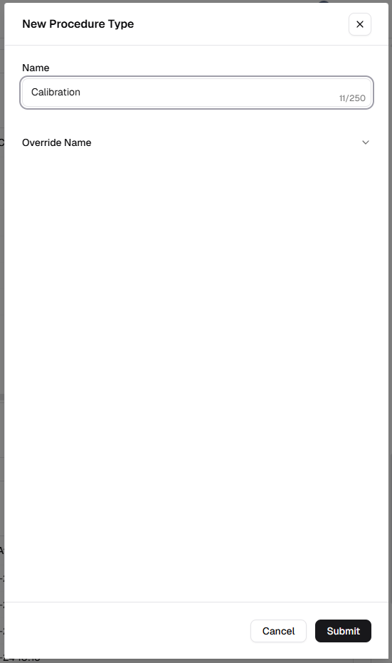 New Procedure Type dialog with Name field and Submit button