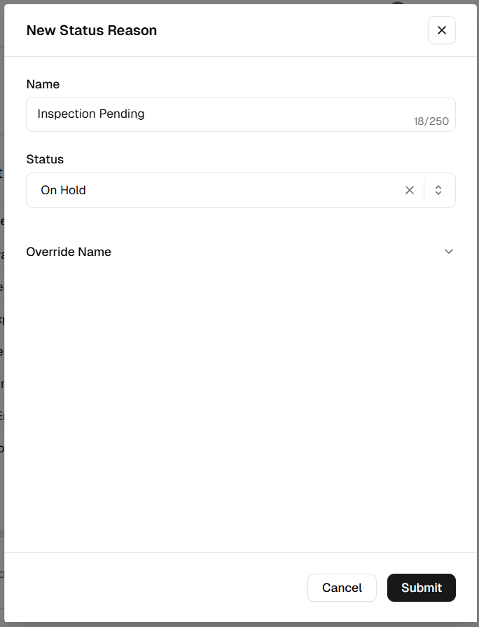 New Status Reason dialog with Name, Status, and Submit button
