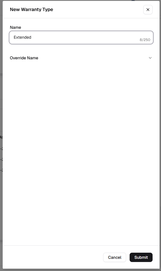 New Warranty Type dialog with Name field and Submit button