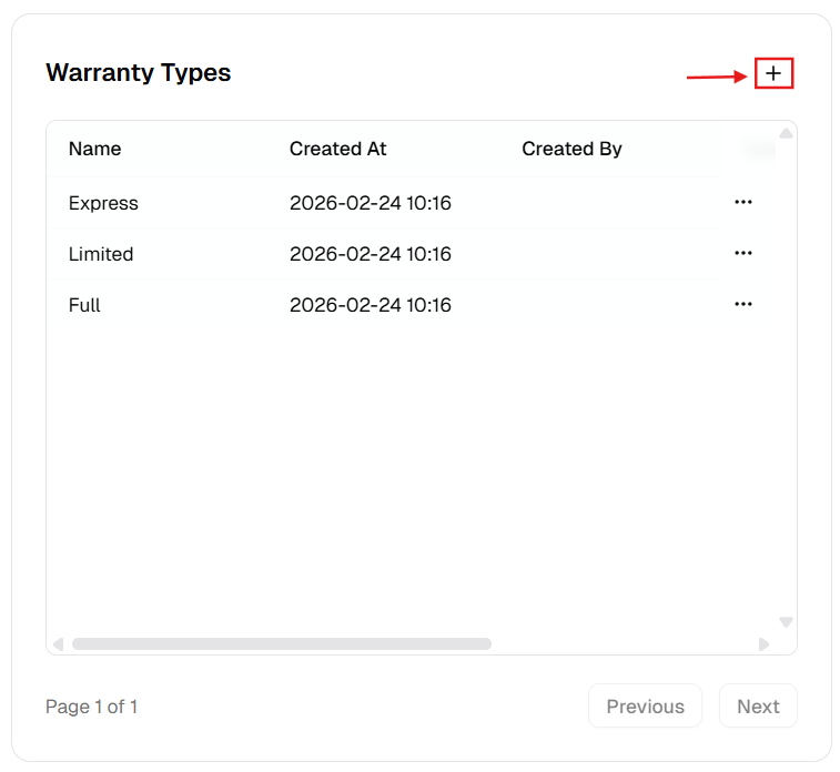 Warranty Types table with plus button highlighted