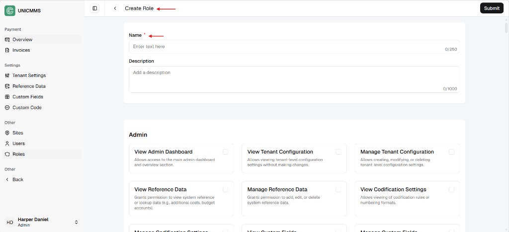 Create Role form with Name, Description, and permission cards