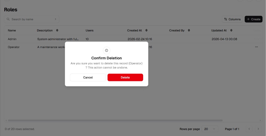 Confirm deletion dialog for a role