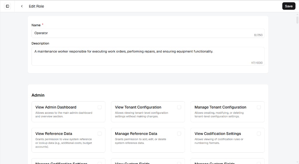 Edit Role page with Name, Description, and Admin permissions
