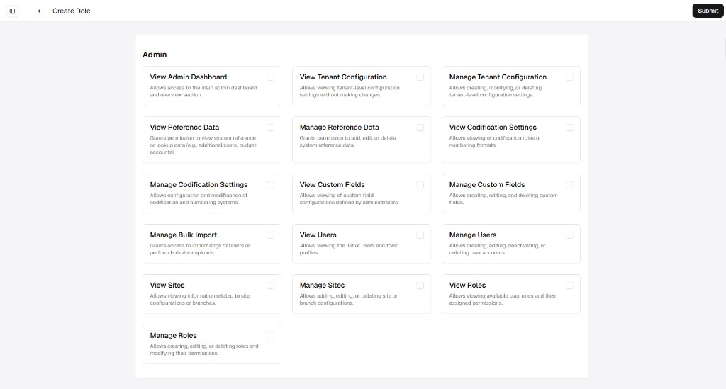 Create Role screen showing the Admin permission group as a grid of cards with checkboxes