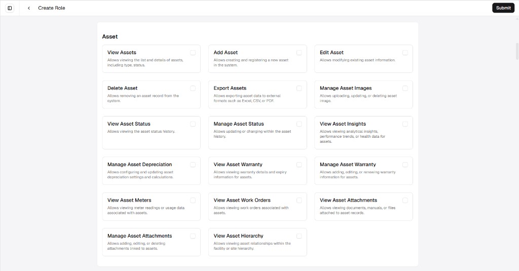 Create Role screen showing the Asset permission group as a grid of cards with checkboxes