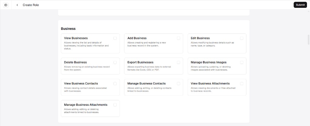Create Role screen showing the Business permission group as a grid of cards with checkboxes