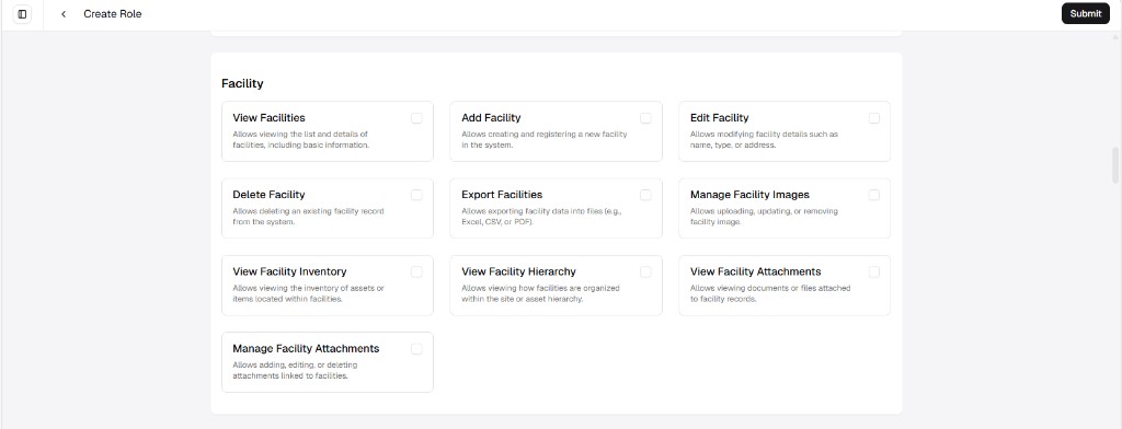 Create Role screen showing the Facility permission group as a grid of cards with checkboxes