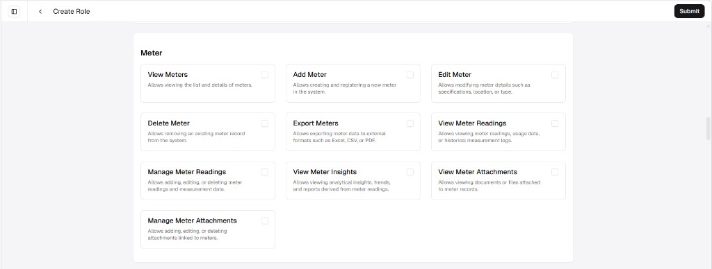 Create Role screen showing the Meter permission group as a grid of cards with checkboxes