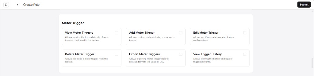 Create Role screen showing the Meter Trigger permission group as a grid of cards with checkboxes