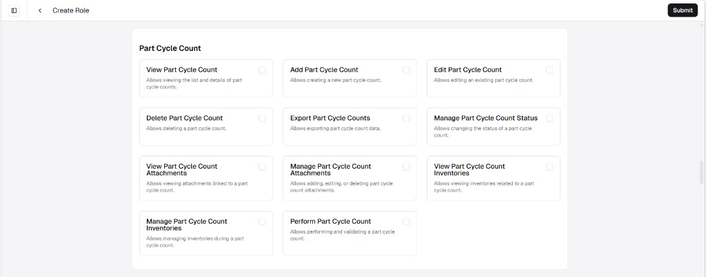 Create Role screen showing Part Cycle Count permissions as a grid of cards with checkboxes