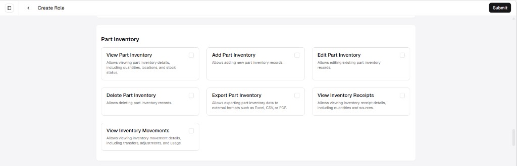 Create Role screen showing Part Inventory permissions as a grid of cards with checkboxes