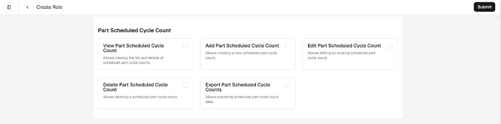 Create Role screen showing Part Scheduled Cycle Count permissions as a grid of cards with checkboxes