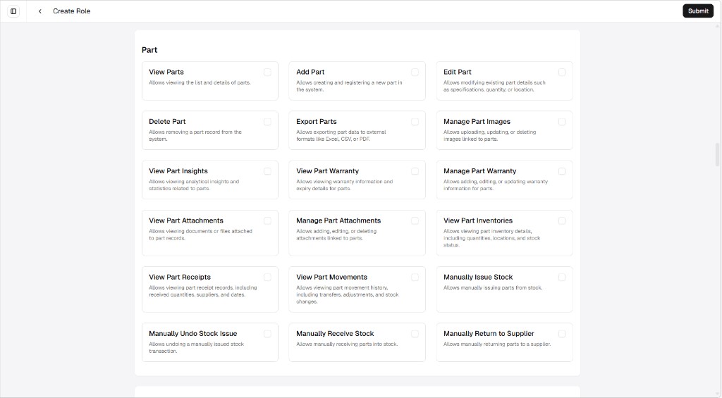Create Role screen showing the Part permission group as a grid of cards with checkboxes
