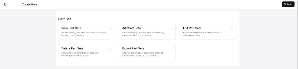 Create Role screen showing Part Set permissions as a grid of cards with checkboxes