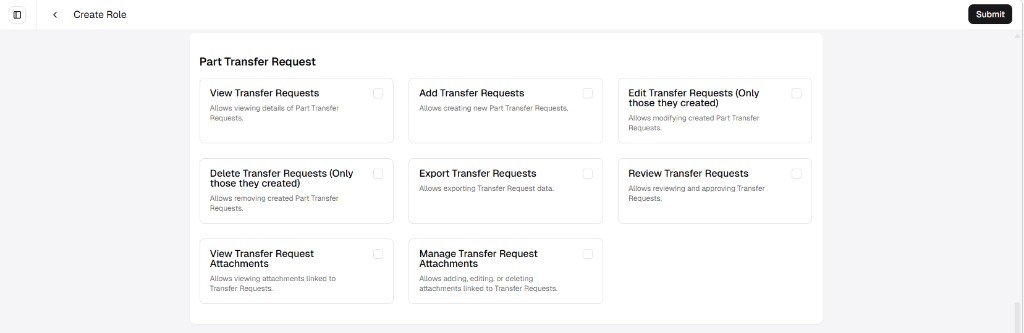 Create Role screen showing Part Transfer Request permissions as a grid of cards with checkboxes